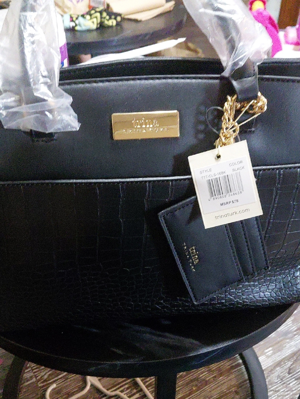 Trina Turk Black Croc-Embossed Tote with Gold Hardware